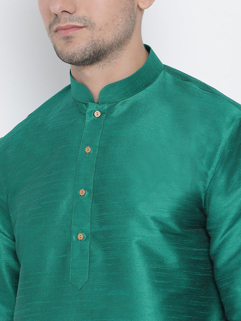 Vastramay Vastramay Men's Green Silk Blend Curved Kurta Dhoti Set